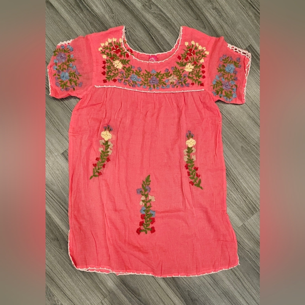 RAJ Embroidered Cotton Long Blouse Floral Bohemian Cottage Women Pink Medium
